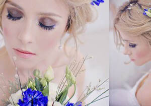 Свадебная прическа с живыми синими цветами